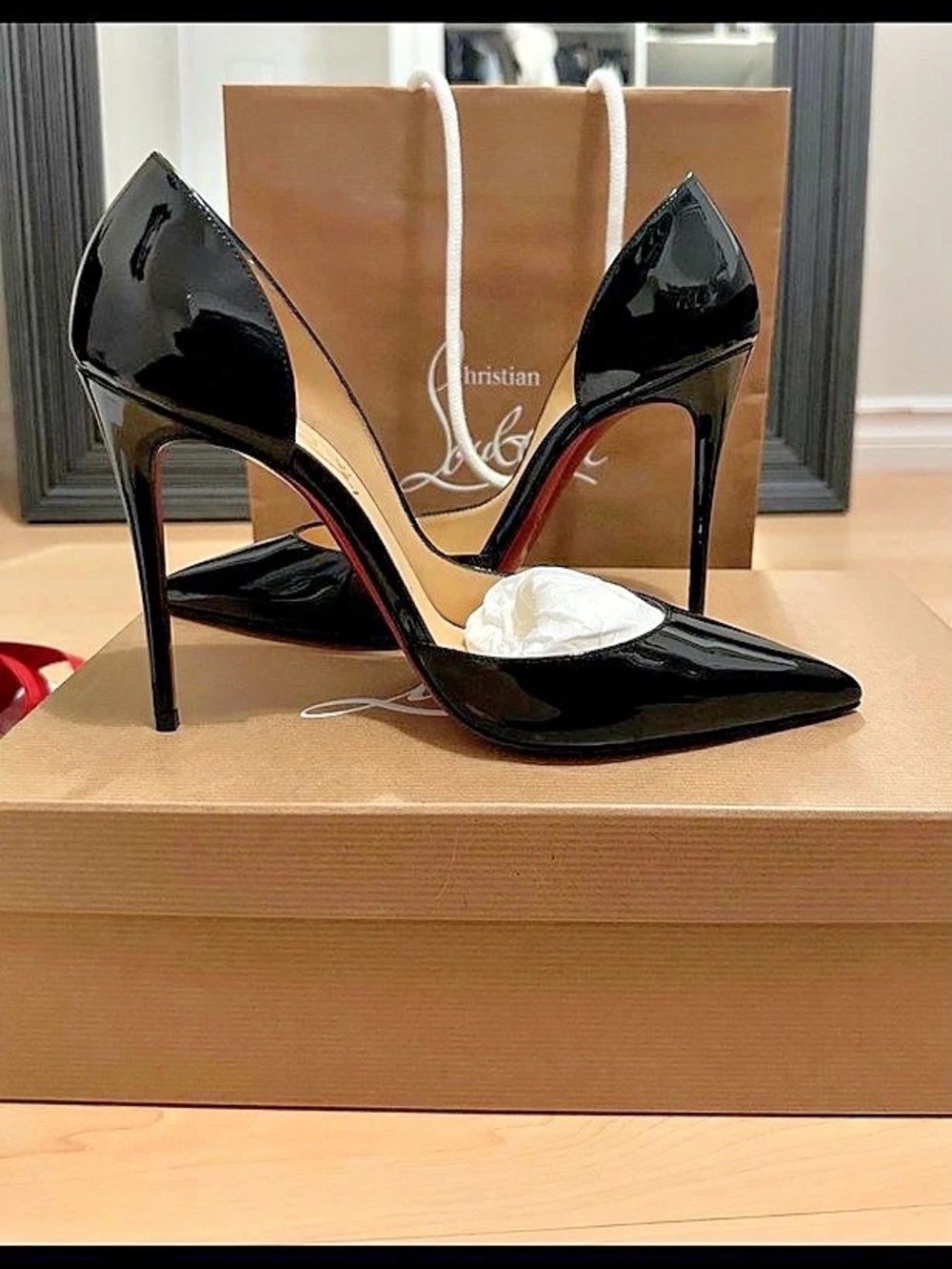 Christian Louboutin Iriza Patent Leather d'Orsay Pumps Black Patent Heels US 8.5